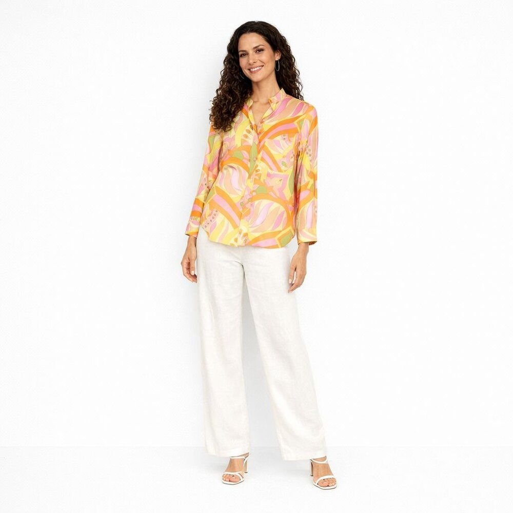 ZARA Floral Button-Down Blouse XS Multicolor Pink Green Orange Long Sleeve